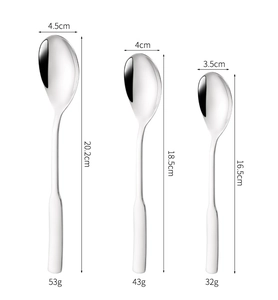Three sizes of 304 stainless steel spoons with dimensions and weight measurements