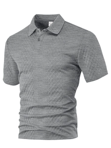 Close-up of gray short sleeve Polo shirt fabric texture and size label M