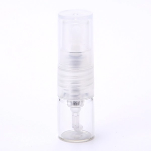 Macro shot of 1ml clear glass perfume atomiser with spray pump and thick base