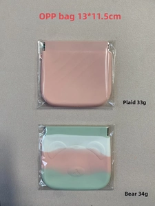 Macro view of 13x11.5cm silicone pouches showing pink and cartoon bear designs