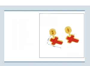 Detail view of 6x8mm cross stud earring in 18k gold plated steel with red enamel