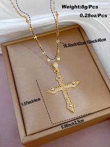 Detail of 18K gold plated cross pendant with zircon stones and sizing measurements