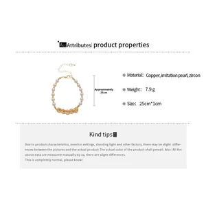 Detailed spec sheet of pearl bracelet with zircon coin charms and 25cm adjustable chain