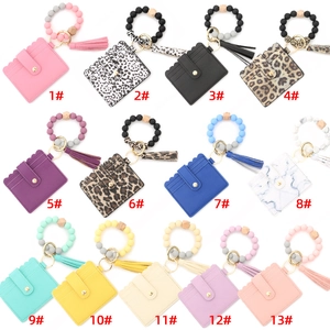 Silicone beaded bracelet keychain with PU leather wallet and tassel in various patterns