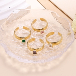 Set of four 18k gold plated stainless steel rings with colorful square zircon stones
