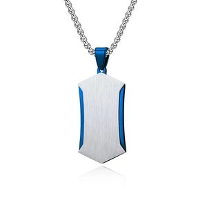 Dual-layer rhombus stainless steel pendant necklace with blue accents and brushed finish
