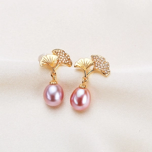 Freshwater Pearl Ginkgo Leaf Drop Earrings With 925 Sterling Silver Earring Post Gold Rhinestone Nature Inspired Earrings For Women