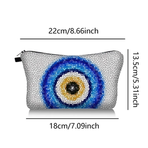 Detailed size guide of evil eye makeup bag showing 22cm width and 13.5cm height dimensions