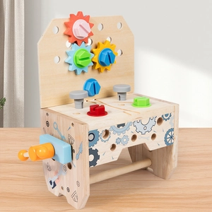 Wooden kids activity workbench with colorful gears, nuts and tool accessories
