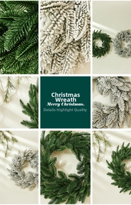 Close-up of artificial Noble Fir wreath in green and flocked white PE pine needles