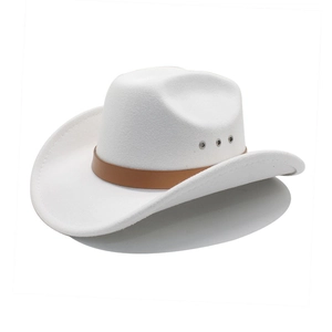 Close-up of white felt cowboy hat with brown leather band and metallic eyelet detail