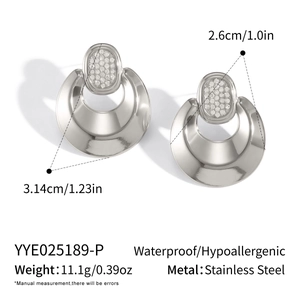Polished stainless steel geometric earrings with rhinestone inlay and size specifications