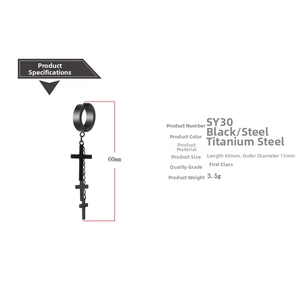 Detail of 60mm black titanium steel cross chain clip-on earring for non-pierced ears