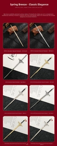 Detailed views of sword-shaped metal hairpins in gold and silver with red drop pendants