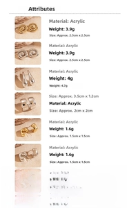 Detailed specs of acrylic geometric earrings in gold and silver showing weights and sizes