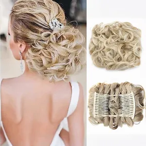 Detail showing high-density curly hair bun with dual comb fastening for secure styling