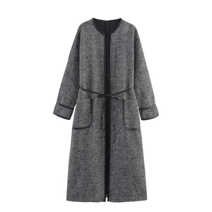 Women Herringbone Long Coat Collarless Waist Tie Leather Trim Pocket Commuter Elegant British Style Outerwear