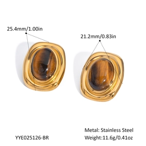 Detail view of vintage stainless steel earrings with tiger eye stone and dimensions