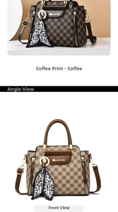 Detail of checkered handbags with decorative scarves and metallic zipper hardware
