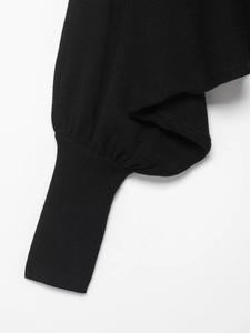 Close-up of black knitted sweater showing ribbed cuffs and textured fabric details