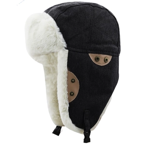 Winter thermal trapper hat with black denim fabric and white faux fur ear flaps