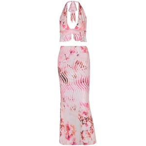 Women's 2-piece summer halter top and high-waist maxi skirt set in pink floral print