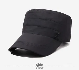 Side view of black cadet cap with reinforced stitching and 3D embroidered logo