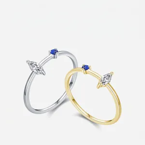 925 Sterling Silver Open Ring For Women Marquise Clear CZ Round Blue Stone Asymmetric Minimalist Adjustable Jewelry