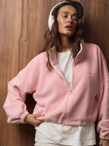 Women's pink polar fleece zip-up jacket with logo embroidery and loose casual fit