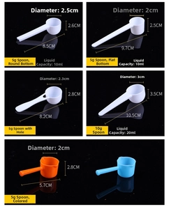 Size chart for 1g-10g plastic measuring spoons showing lengths and liquid capacities