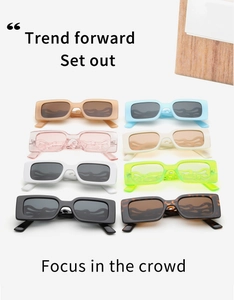 Grid view of rectangular narrow frame sunglasses in 8 assorted trendy colors