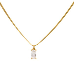 Gold-tone herringbone snake chain necklace featuring a square-cut cubic zirconia pendant
