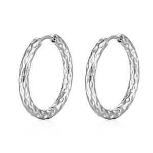 Polished silver 18K plated stainless steel hoop earrings with textured finish