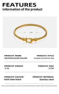 Detailed technical diagram of horseshoe buckle cable bracelet with 5.7cm diameter specs