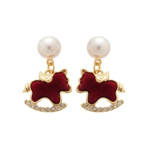 Elegant red flocked rocking horse stud earrings with pearls and crystal accents