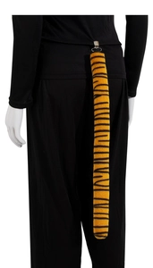 Detailed view of plush orange tiger tail accessory with black stripes and metal clip