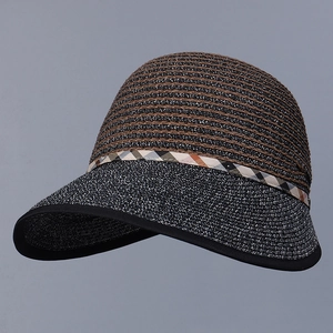 Detail of multi-color woven straw sun hat with classic checkered ribbon and black trim