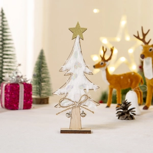 Christmas tree wooden ornament with white faux fur and golden star for tabletop decor