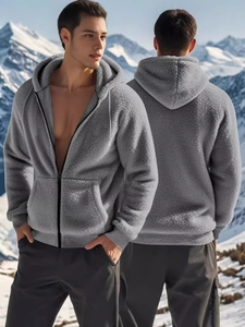 Men's grey hooded fleece jacket shown in front and back views against a snowy landscape