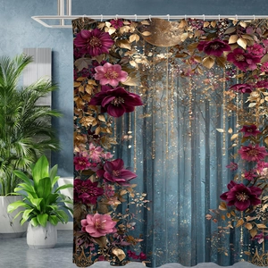 Detail of waterproof bathroom shower curtain with mystical forest and floral design