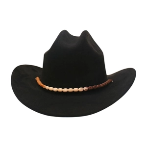 Classic black wool felt cowboy hat with gradient beaded band on a clean white background