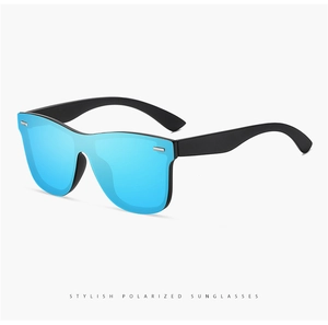 Detailed view of polarized blue lenses with matte black frames for stylish sunglasses