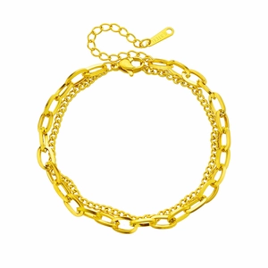Detail of gold-plated stainless steel double-layer chain bracelet with lobster clasp