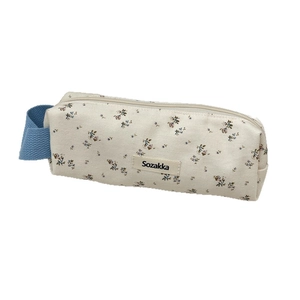 Floral canvas pencil case with large capacity, blue handle, and beige flower pattern