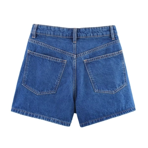 Women high waisted dark blue denim shorts with crossover waist and back pockets