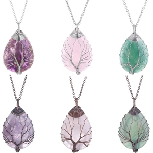 Detailed set of Tree of Life teardrop pendants with natural gemstones and wire wrapping