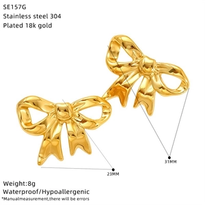 18K gold plated stainless steel bowknot stud earrings with detailed size dimensions