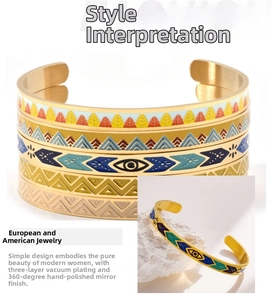 Close-up of bohemian open bangles with colorful enamel patterns and gold plating