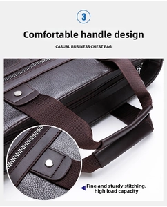 Detail of dark brown business briefcase with lychee texture and silver metal zippers