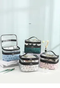 Double-layer travel makeup bag with clear TPU top and 3D geometric texture bottom